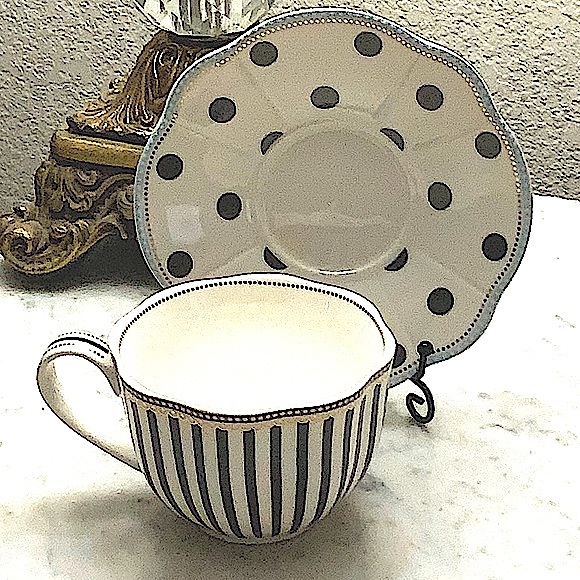 GRACES TEAWARE FLAT CUP SAUCER SET BLACK STRIPE & DOTS METALLIC GOLD DOTS NEW - Picture 2 of 14